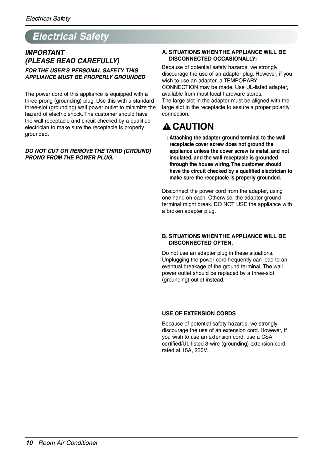 Sears LT103CNR ElectricalSafety, Please Read Carefully, Electrical Safety, Room Air Conditioner, Use Of Extension Cords 
