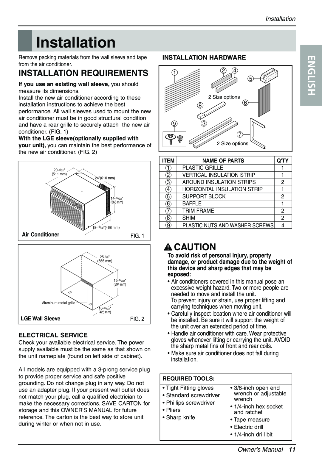 Sears LT143CNR, LT123CNR Installation Requirements, English, Electrical Service, Installation Hardware, Owner’s Manual 