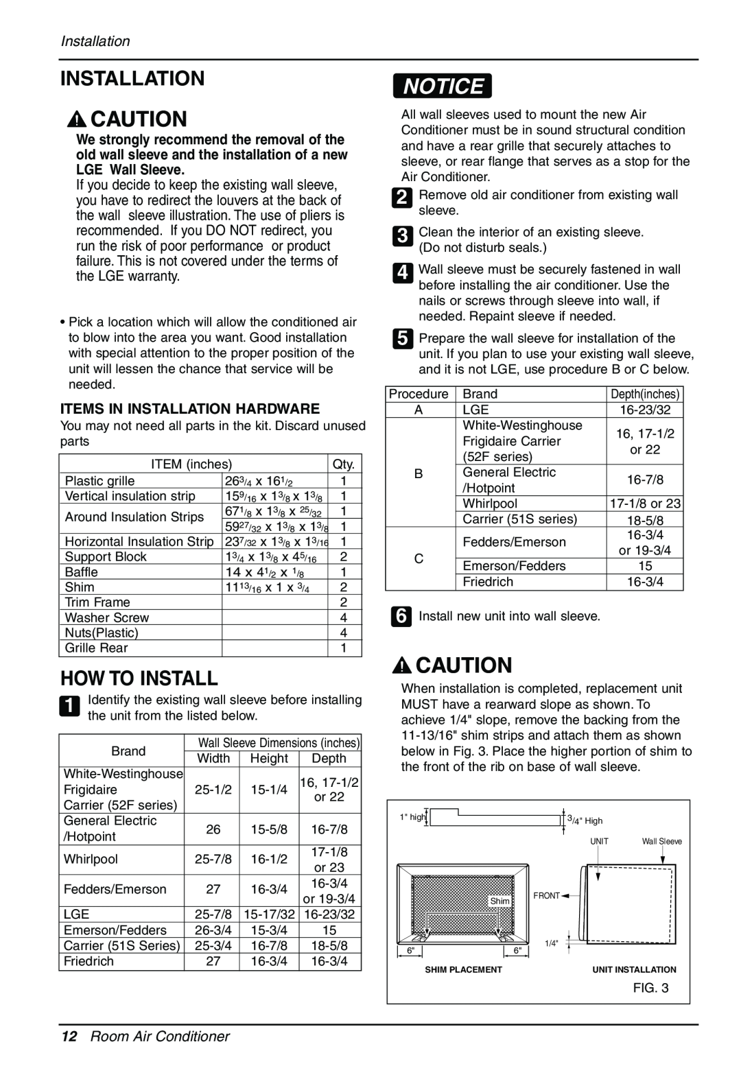 Sears LT123CNR, LT103CNR, LT143CNR manual How To Install, Items In Installation Hardware, Room Air Conditioner 