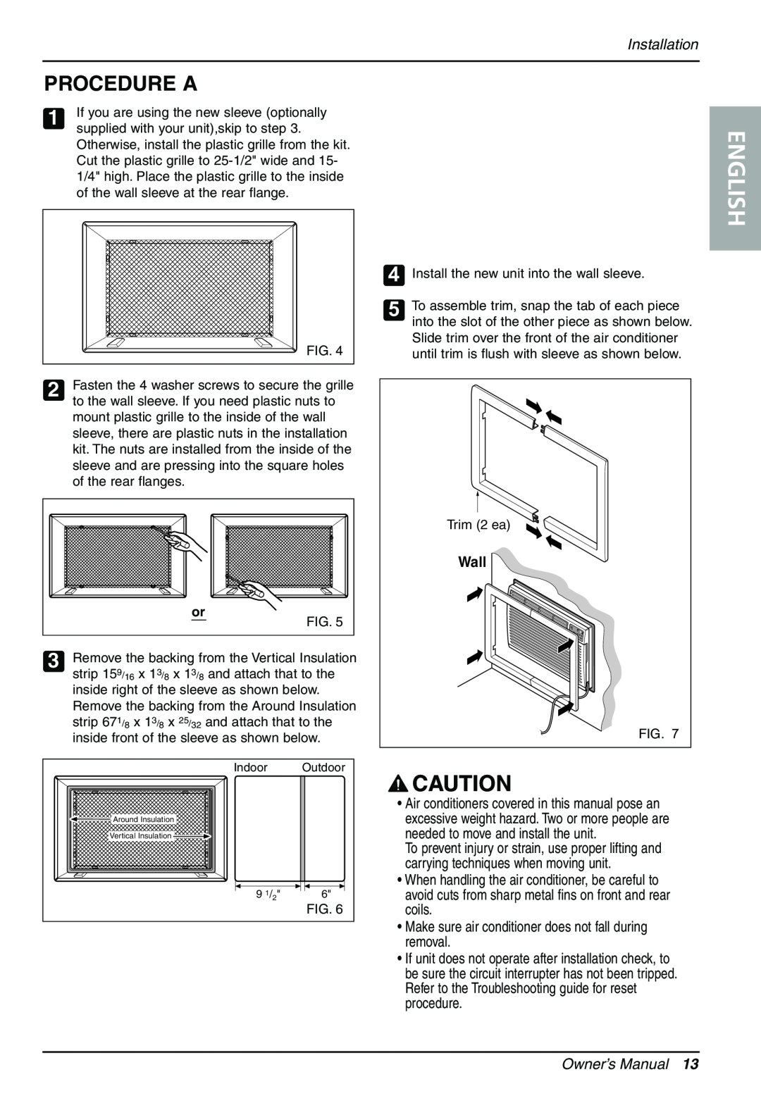 Sears LT103CNR manual Procedure A, English, Installation, Wall, Owner’s Manual, Install the new unit into the wall sleeve 