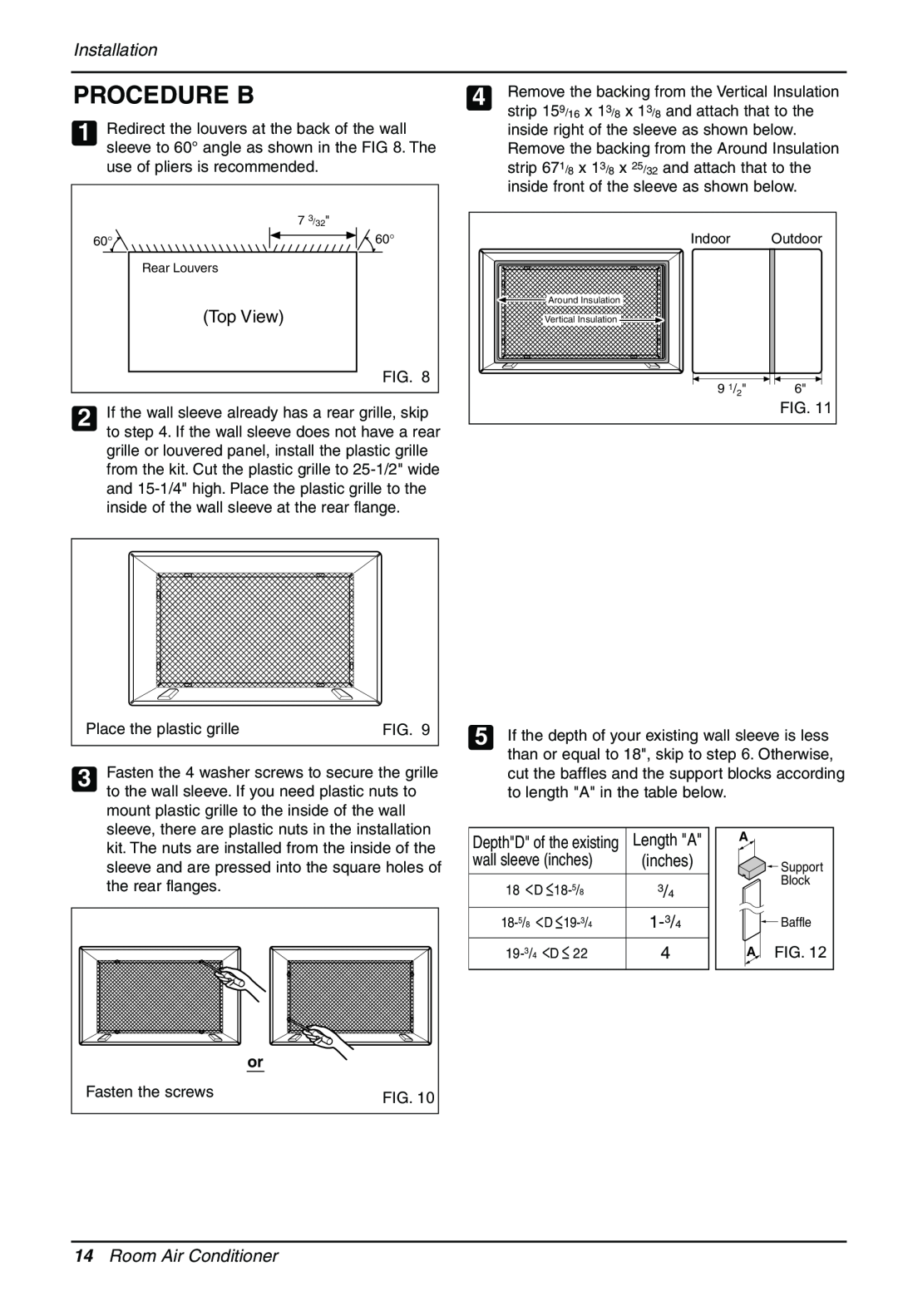 Sears LT143CNR, LT123CNR, LT103CNR manual Procedure B, Installation, Top View, 1-3/4, Room Air Conditioner, Fasten the screws 