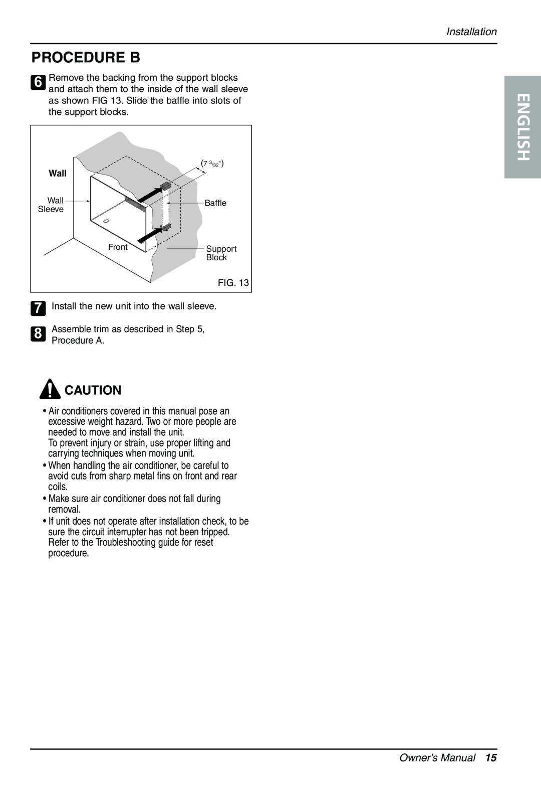 Sears LT123CNR, LT103CNR, LT143CNR manual English, Procedure B, Installation, Owner’s Manual, Wall, Procedure A 