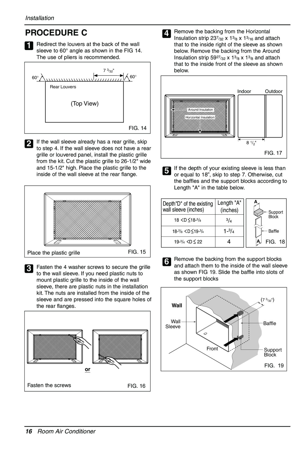 Sears LT103CNR, LT123CNR, LT143CNR manual Procedure C, Installation, Room Air Conditioner, Fasten the screws, Wall 