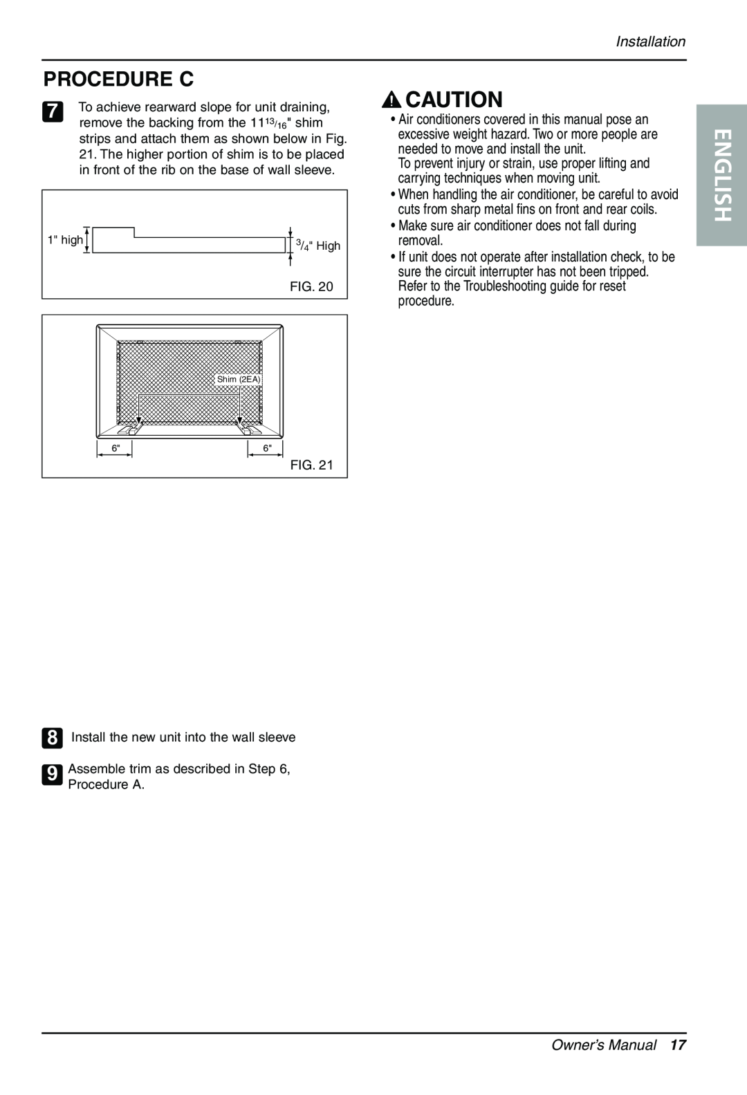 Sears LT143CNR, LT123CNR manual English, Procedure C, Installation, To achieve rearward slope for unit draining, Shim 2EA 