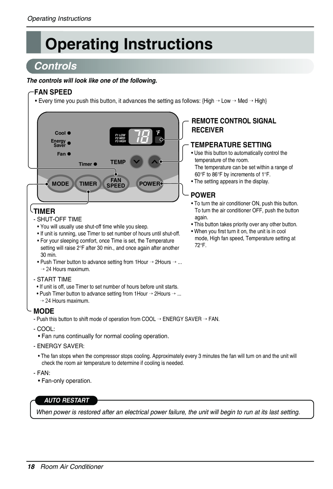 Sears LT123CNR Operating Instructions, Controls, The controls will look like one of the following, Auto Restart, Temp 
