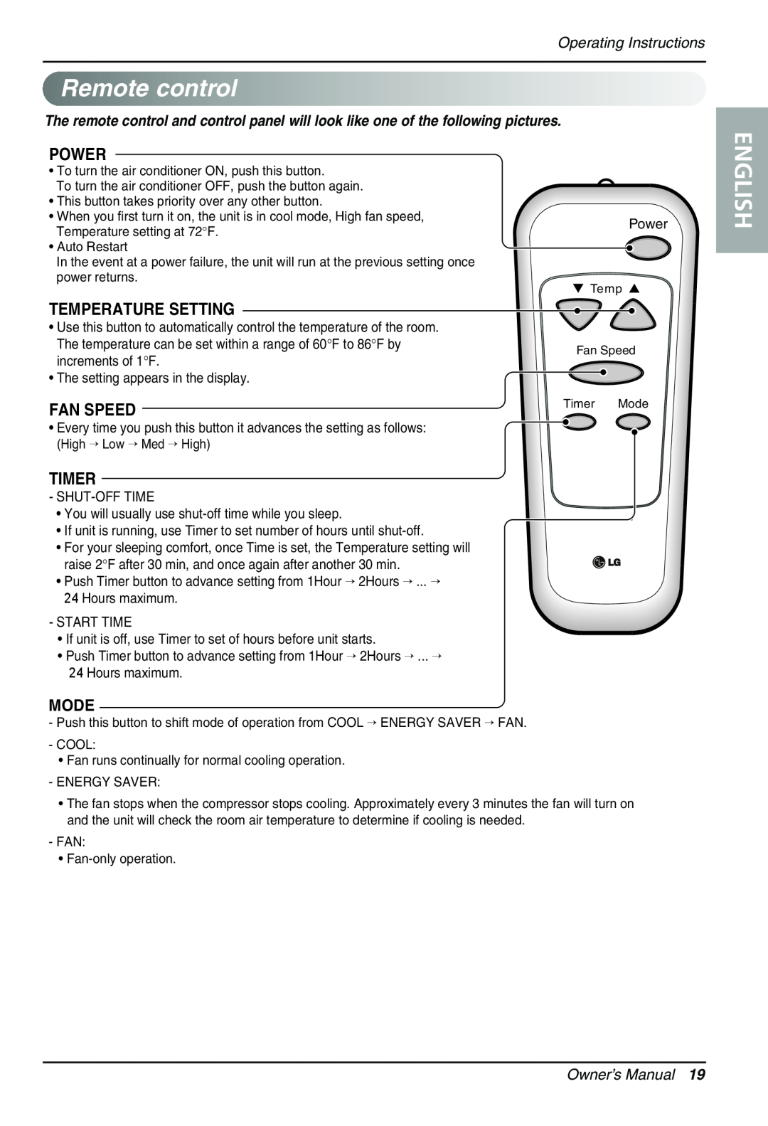 Sears LT103CNR, LT123CNR manual Remotecontrol, Power, Temperature Setting, Fan Speed, Timer, Mode, Operating Instructions 