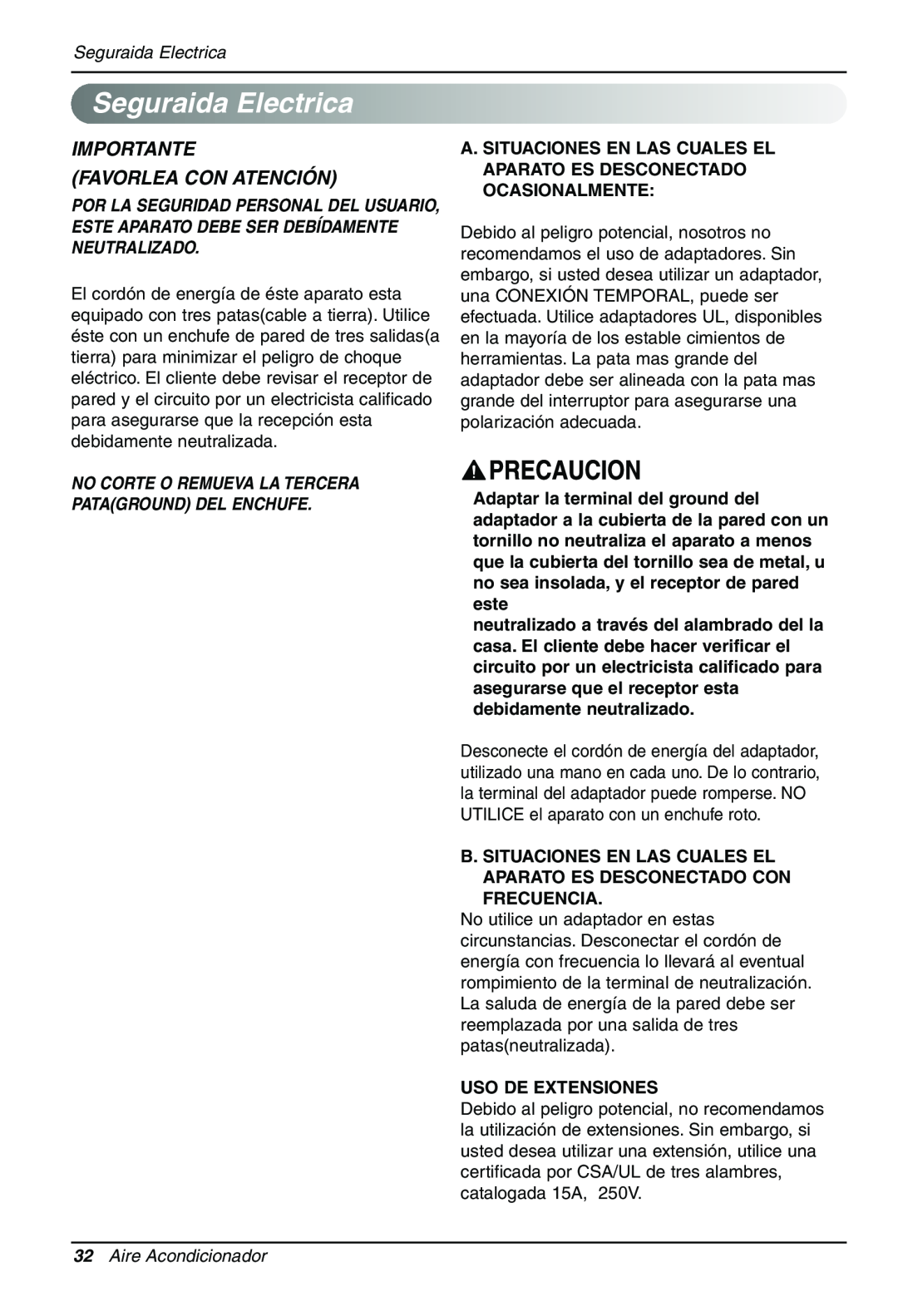 Sears LT143CNR, LT123CNR SeguraidaElectrica, Importante Favorlea Con Atención, Seguraida Electrica, Uso De Extensiones 