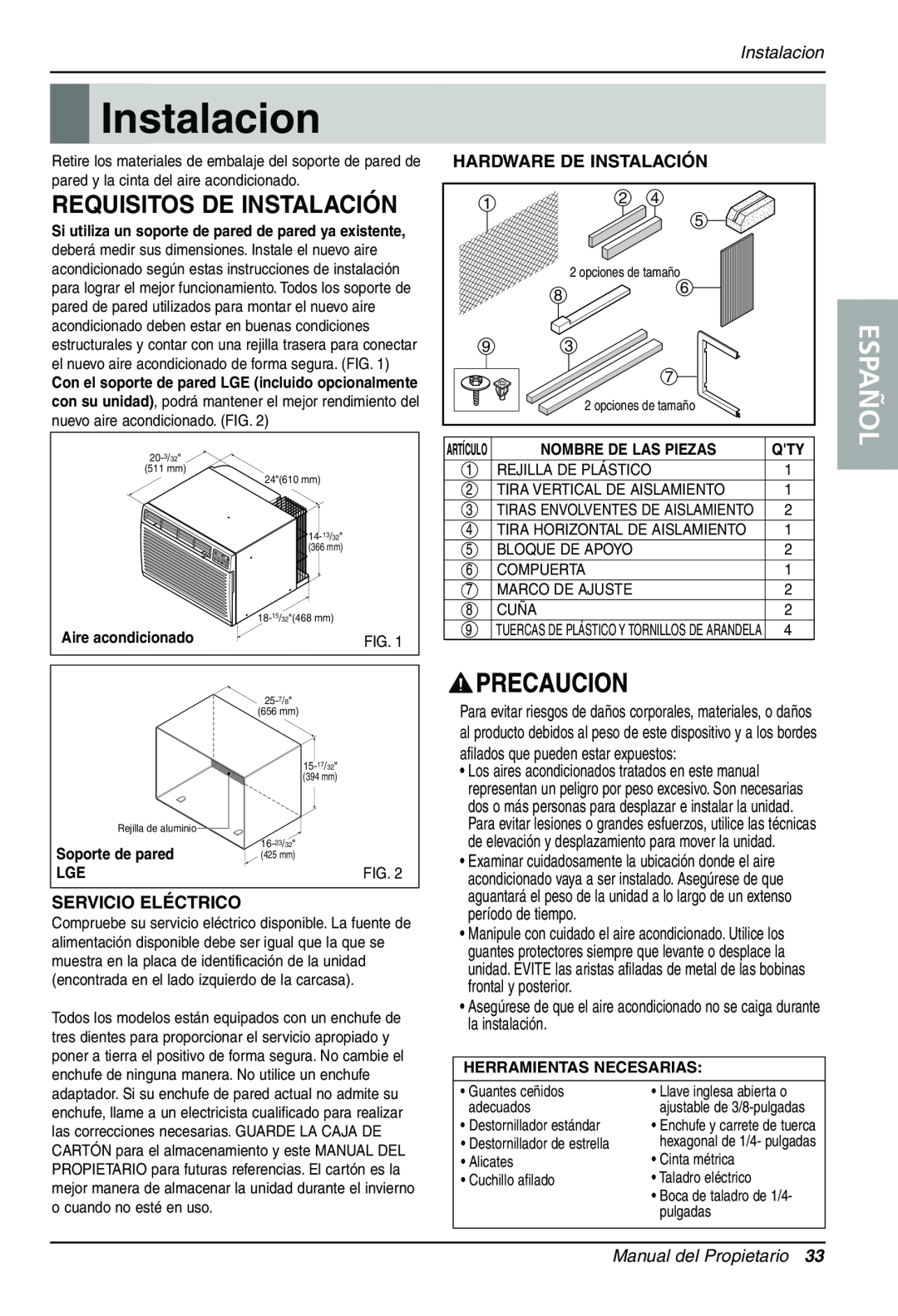 Sears LT123CNR, LT103CNR manual Instalacion, Requisitos De Instalación, Español, Hardware De Instalación, Servicio Eléctrico 