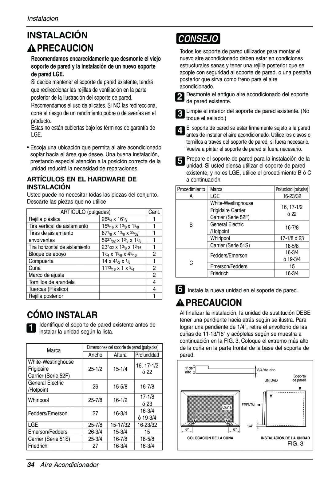 Sears LT103CNR manual Cómo Instalar, Consejo, Instalacion, Artículos En El Hardware De Instalación, Aire Acondicionador 