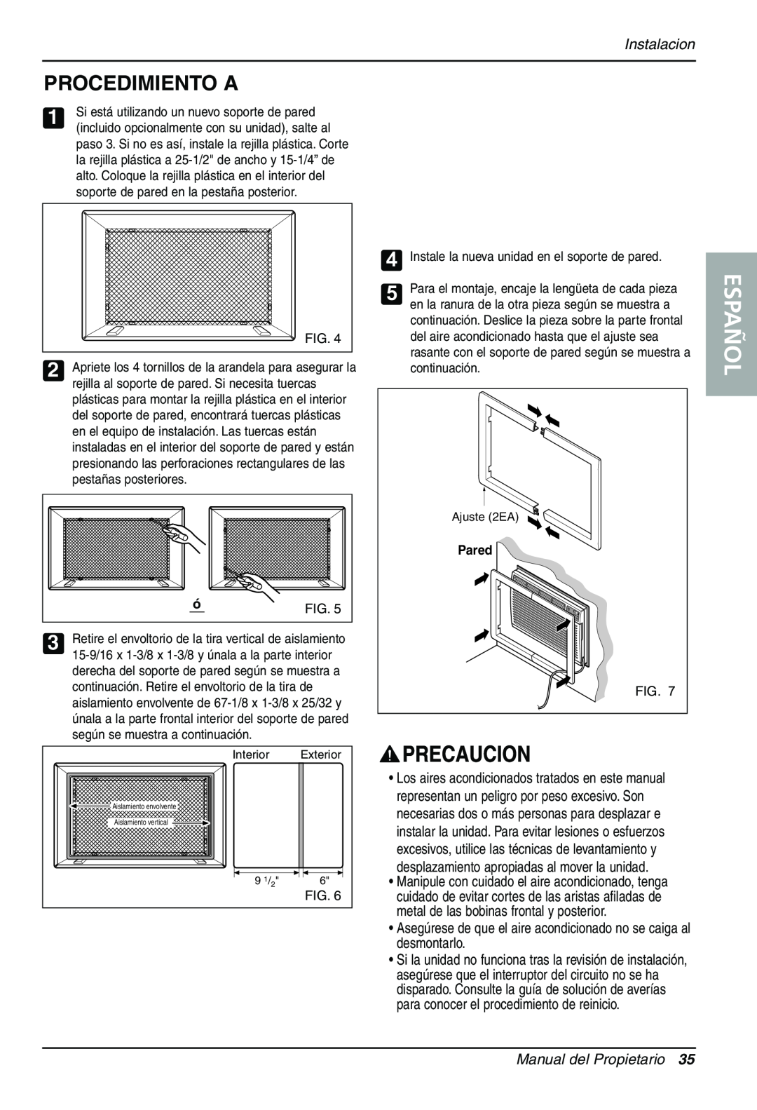 Sears LT143CNR, LT123CNR, LT103CNR manual Procedimiento A, Español, Instalacion, Manual del Propietario, Pared 