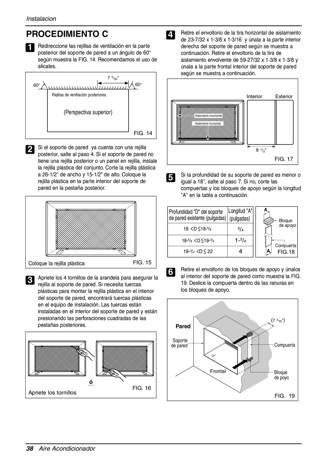 Sears LT143CNR Procedimiento C, Instalacion, Aire Acondicionador, Pared, Aislamiento envolvente, Aislamiento horizontal 