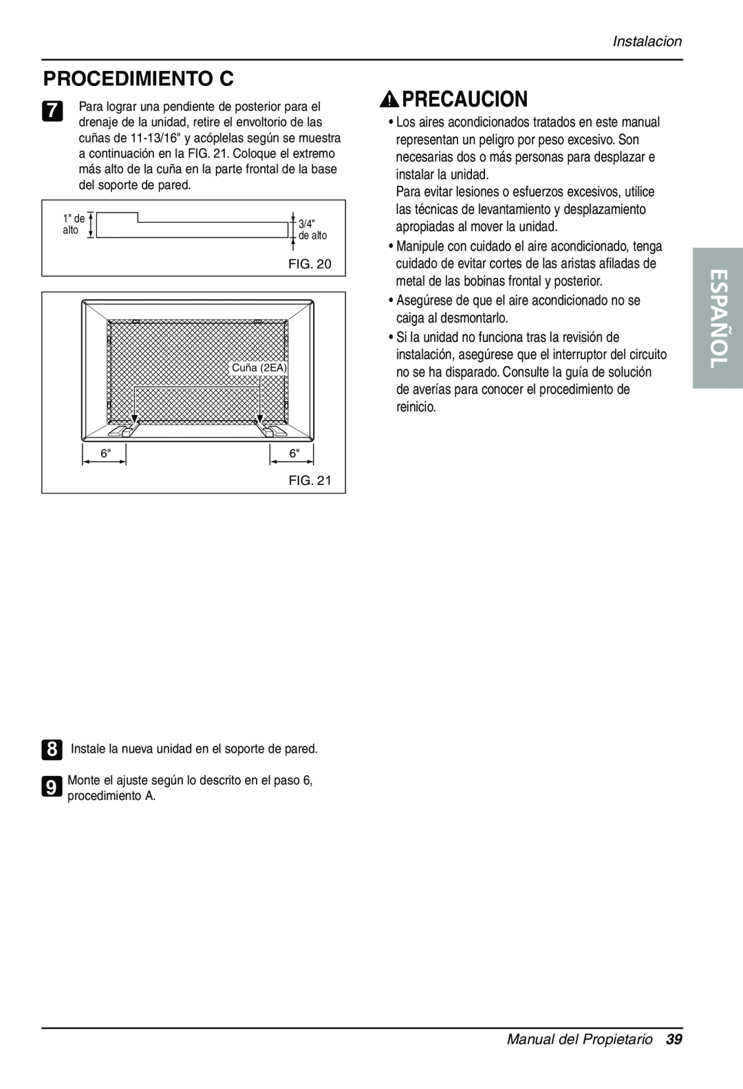 Sears LT123CNR, LT103CNR, LT143CNR manual Español, Procedimiento C, Instalacion, Manual del Propietario 