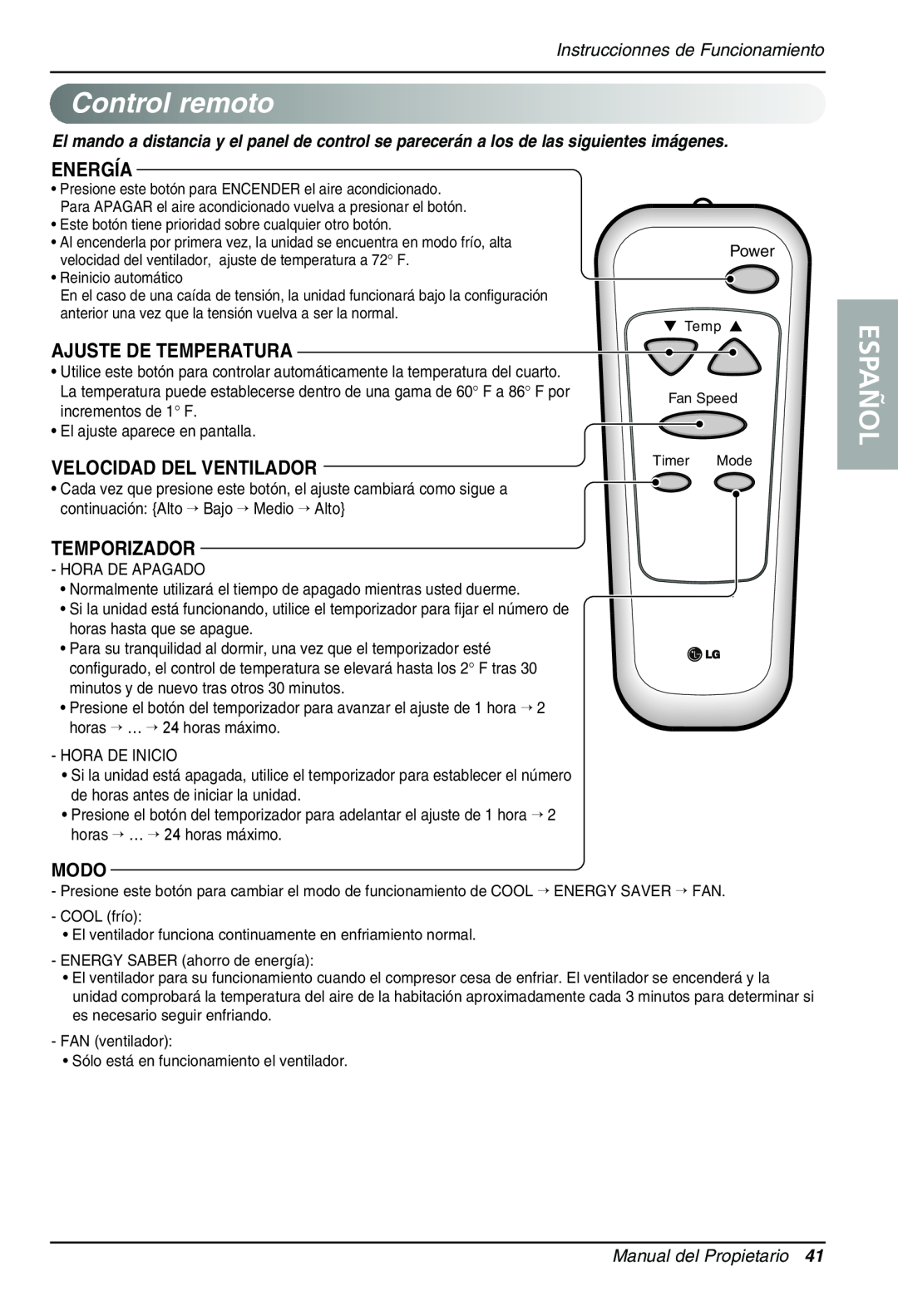 Sears LT143CNR manual Controlremoto, Español, Energía, Ajuste De Temperatura, Velocidad Del Ventilador, Temporizador, Modo 