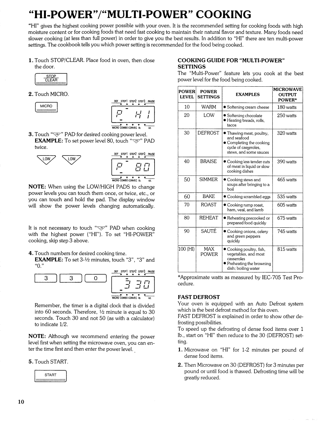 Sears Microwave Oven manual HI-POWER/MULTI-POWER Cooking, Cooking Guide for MULTI-POWER Settings 