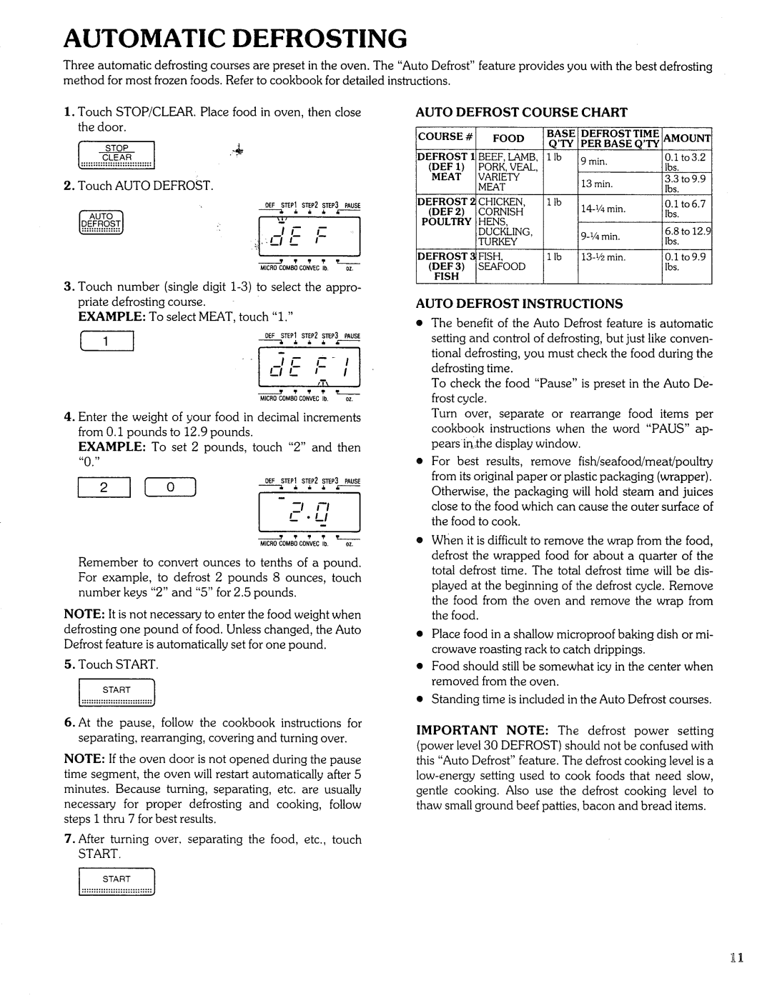 Sears Microwave Oven manual Automatic Defrosting, Auto Defrost Course Chart, Auto Defrost Instructions 