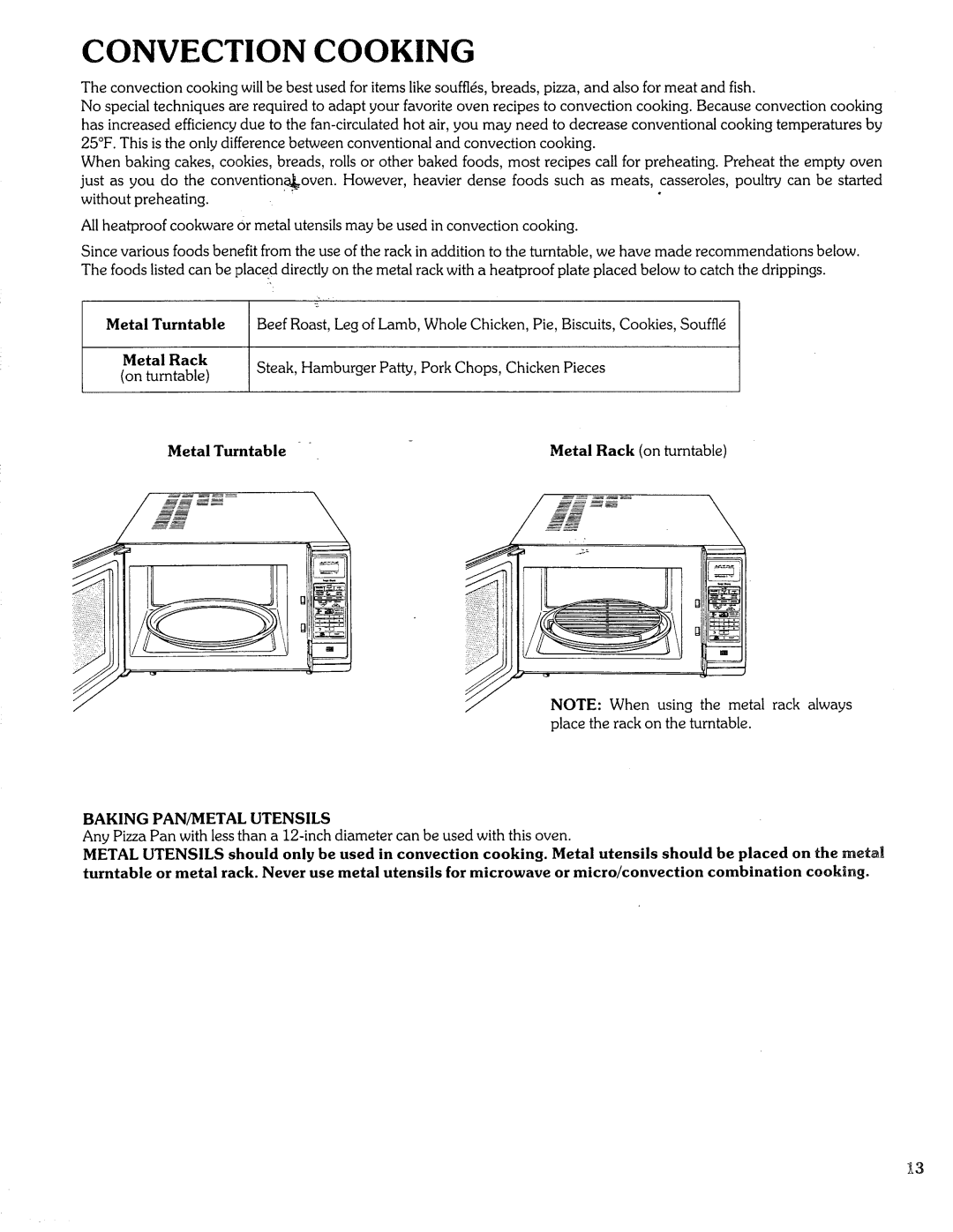 Sears Microwave Oven manual Convection Cooking, Metal Turntable, Baking PAN/METAL Utensils 