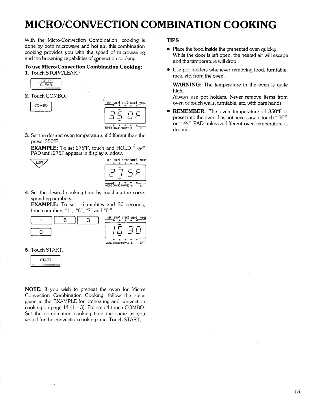 Sears Microwave Oven manual MICRO/CONVECTION Combination Cooking, To use Micro/Convection Combination Cooking 