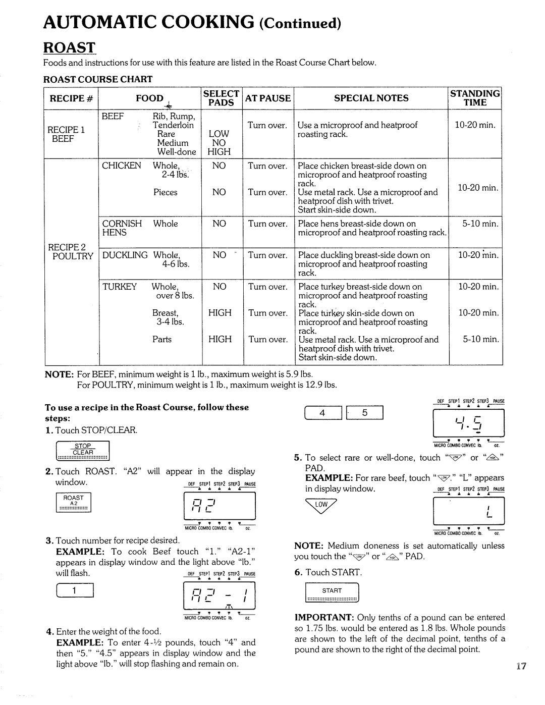 Sears Microwave Oven manual Roast Course Chart Recipe Food Select AT Pause Special Pads, Standing Time 