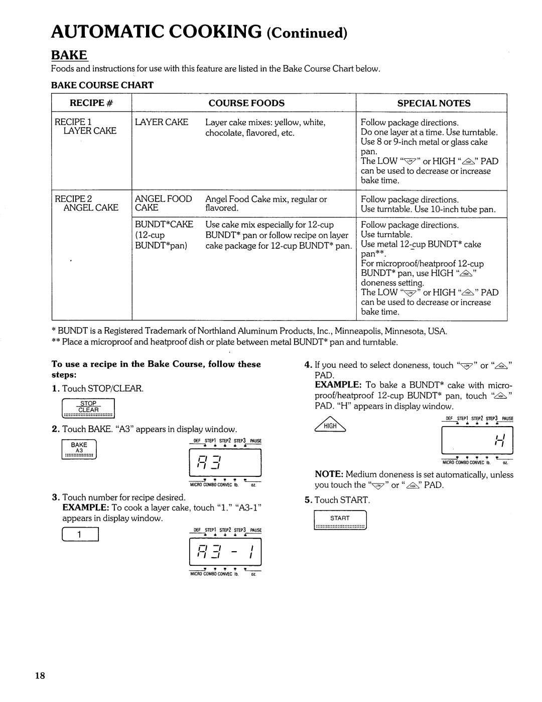 Sears Microwave Oven manual Bake Course Chart, Course Foods, Layer Cake, Special Notes 