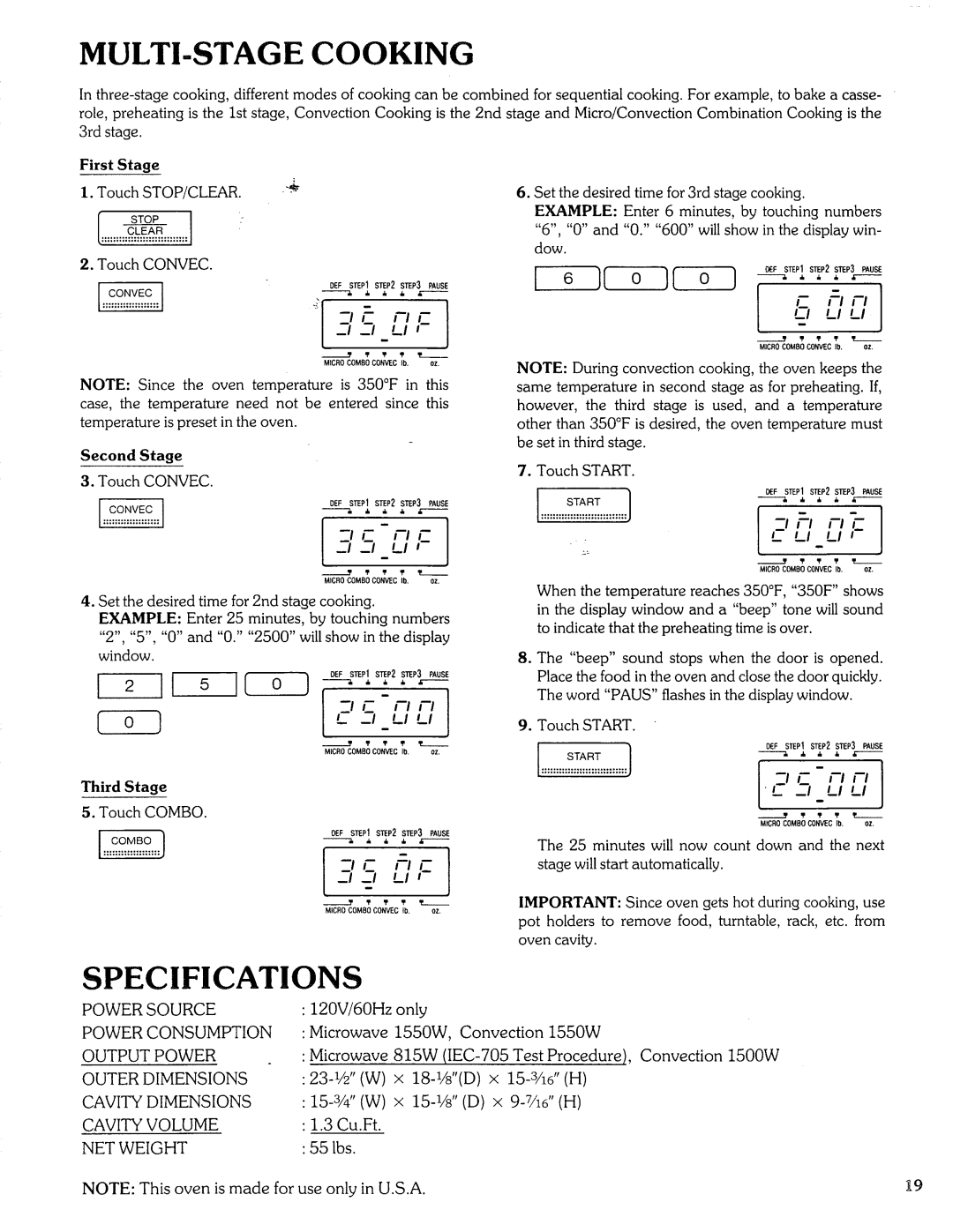 Sears Microwave Oven manual MULTI-STAGE Cooking, Specifications, First Stage Touch STOP/CLEAR, Second Stage Touch Convec 