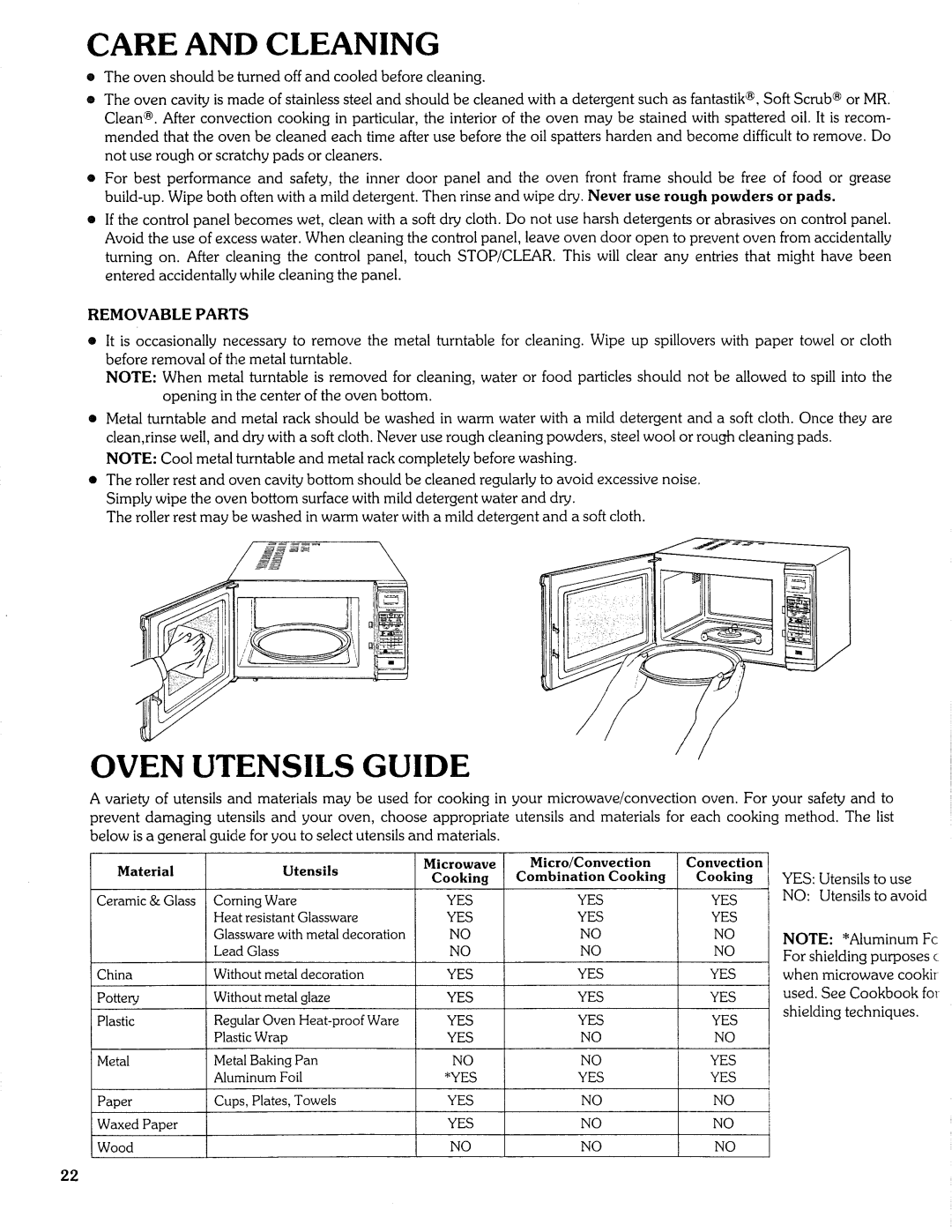 Sears Microwave Oven manual Care and Cleaning, Oven Utensils Guide, Removable Parts 