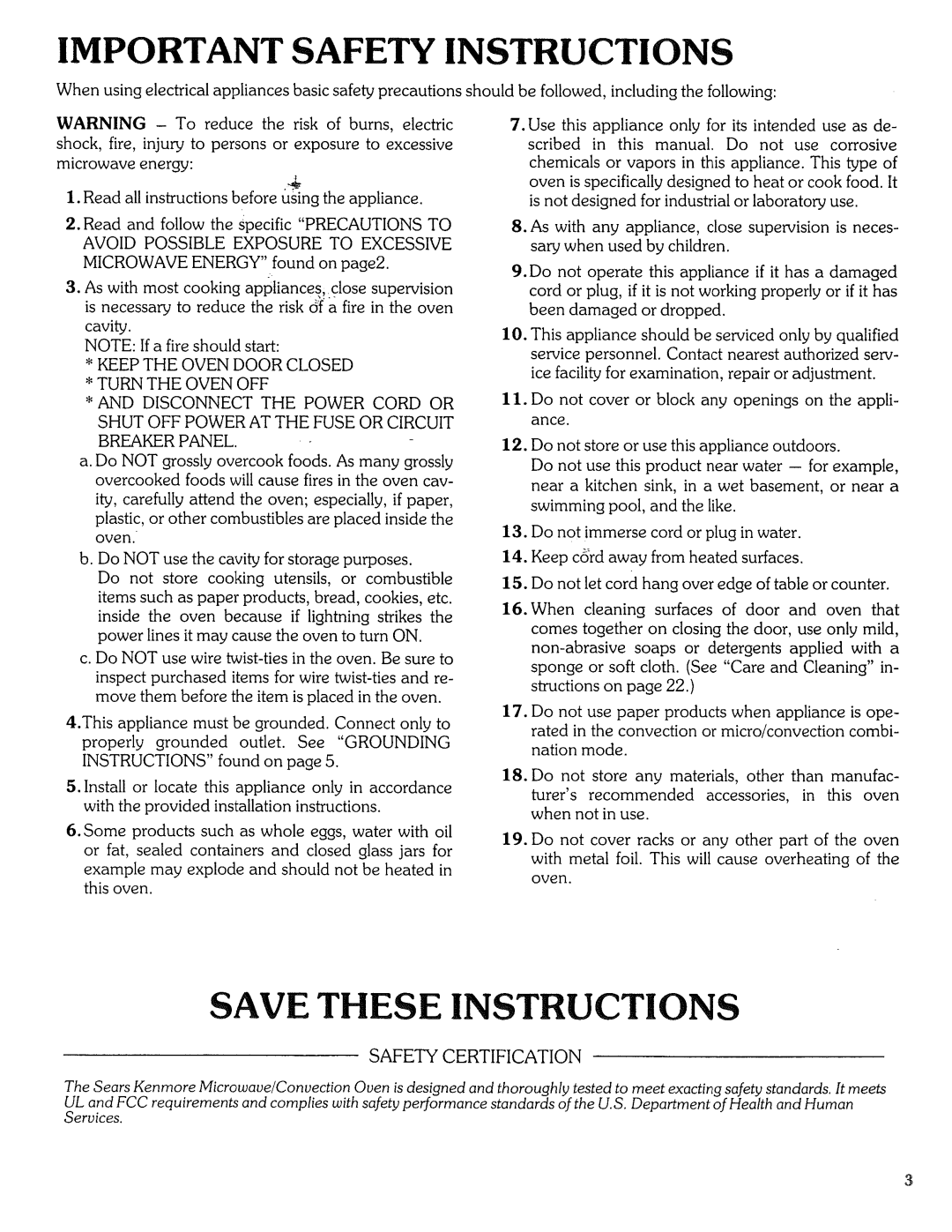 Sears Microwave Oven manual Important Safety Instructions 