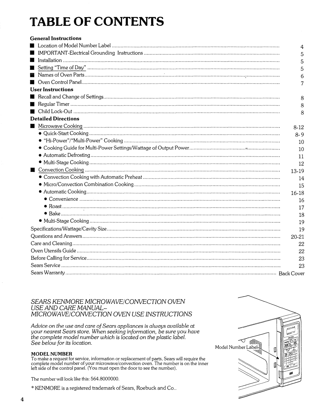 Sears Microwave Oven manual Contents 