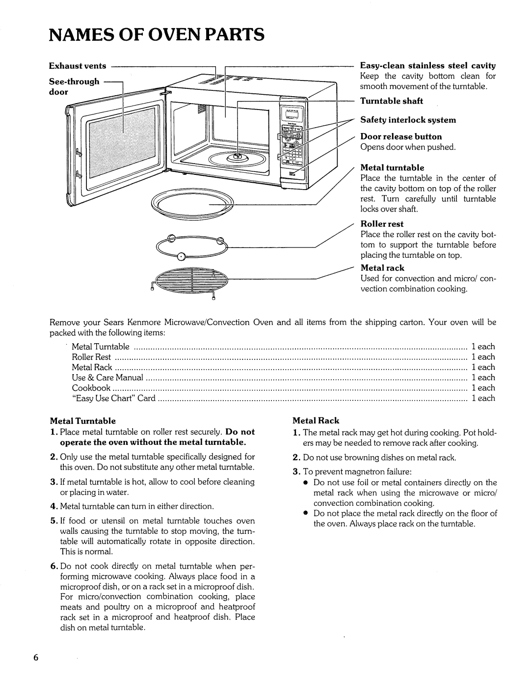 Sears Microwave Oven manual Names of Oven Parts, Door, Metal Rack, Operate the oven without the metal turntable 