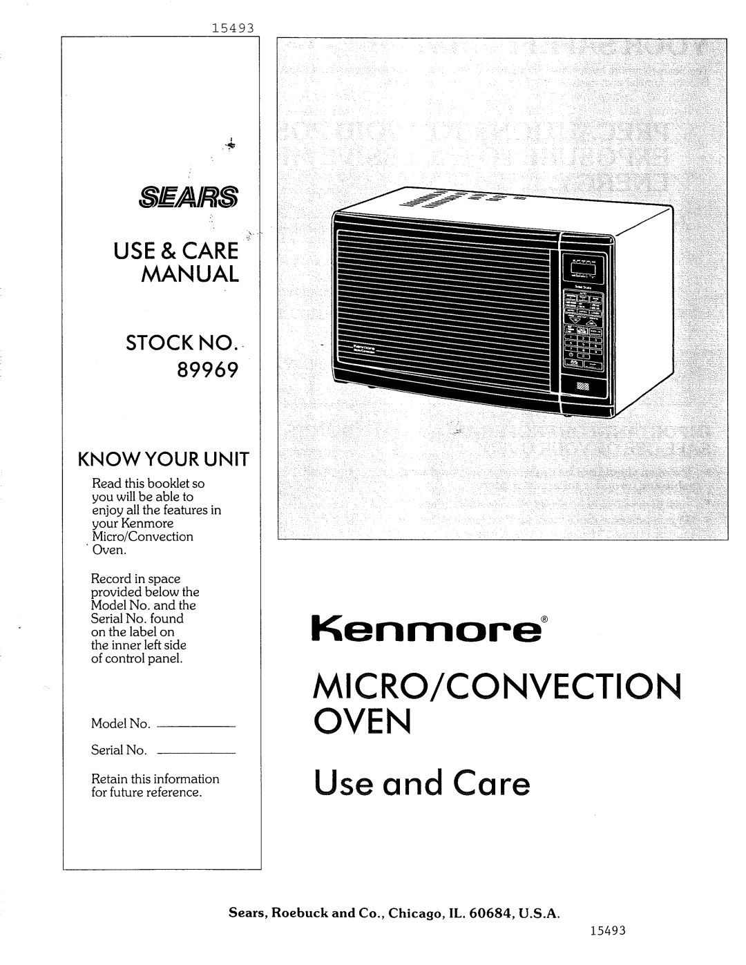 Sears Microwave Oven manual Use& Care Manual, Stock No, Know Your Unit, Use and Care, Kenmore, S Rs 