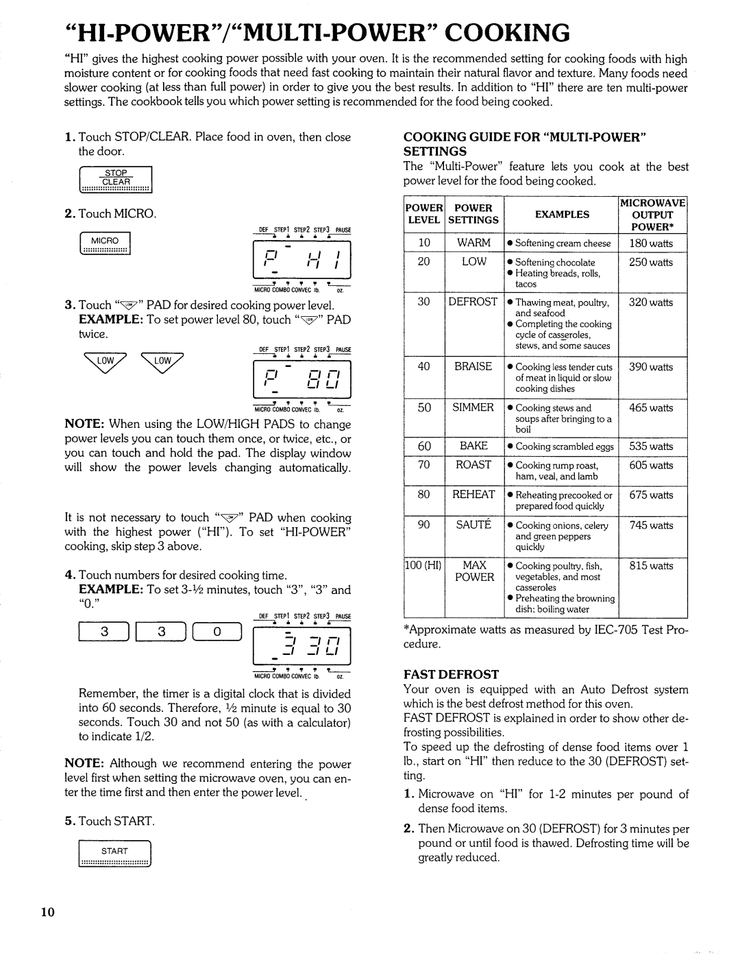 Sears Microwave Oven manual Hi-Power/Multi-Powercooking, Approximate watts as measured by IEC-705Test Pro, Fast Defrost 