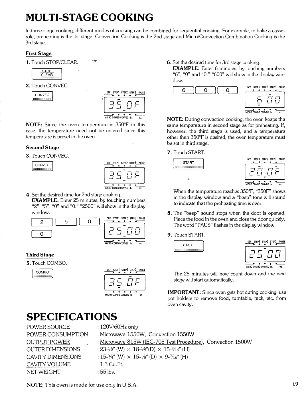 Sears Microwave Oven manual Multi-Stagecooking, Specifications, 35 LI-,--I, OMB Co, C l e. l LI, I -1 LI--LI-I 
