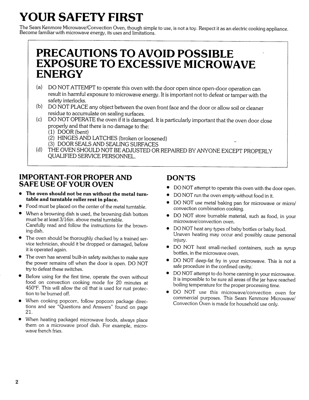 Sears Microwave Oven manual Your Safety First, Important-Forproper And Safe Use Of Your Oven, Donts 