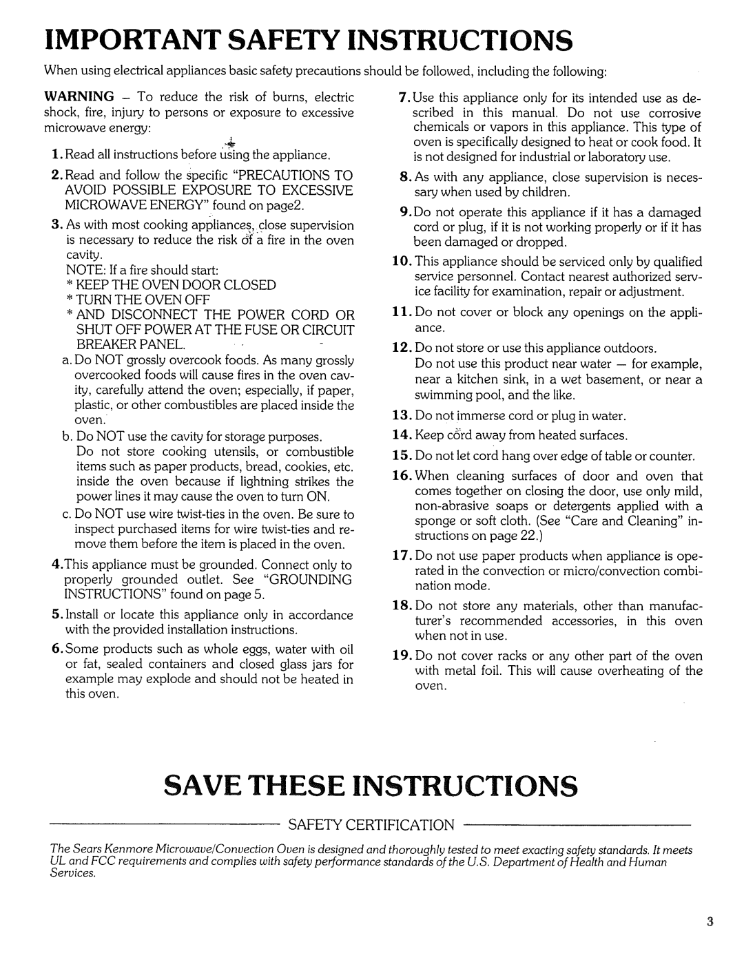 Sears Microwave Oven manual Important Safety Instructions, Save These Instructions, Safety Certification 