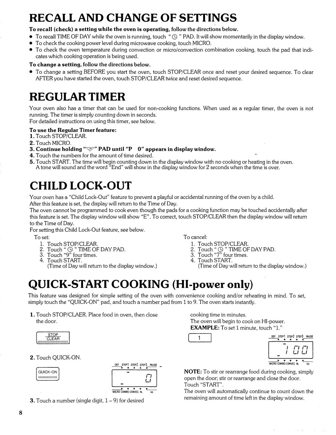 Sears Microwave Oven manual Recall And Change Of Settings, Regular Timer, Child Lock-Out, QUICK-STARTCOOKING HI-power only 