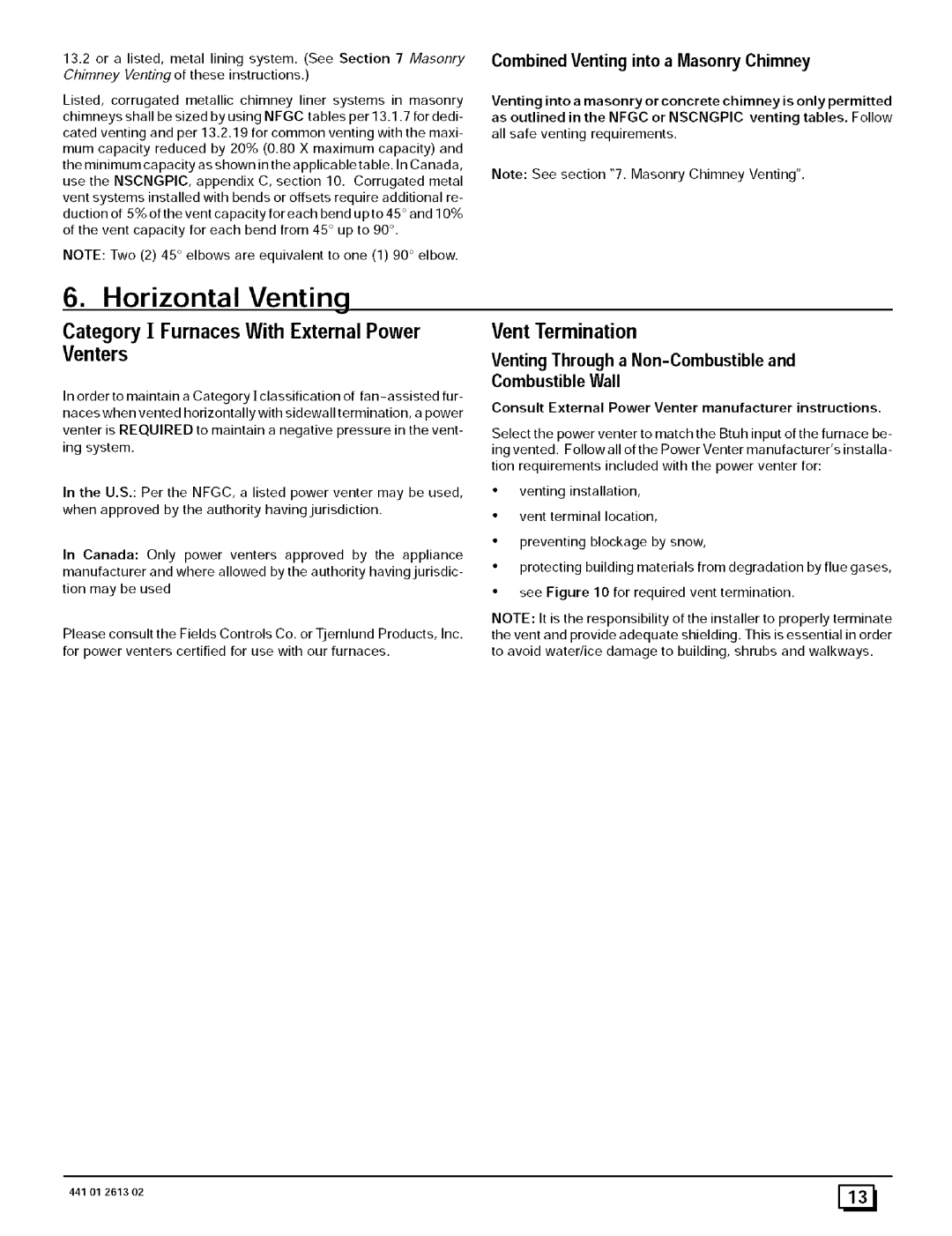 Sears N8MPL050B12B1, N8MPN075F16B1 Horizontal Venting, Category I Furnaces With External Power Venters, Vent Termination 