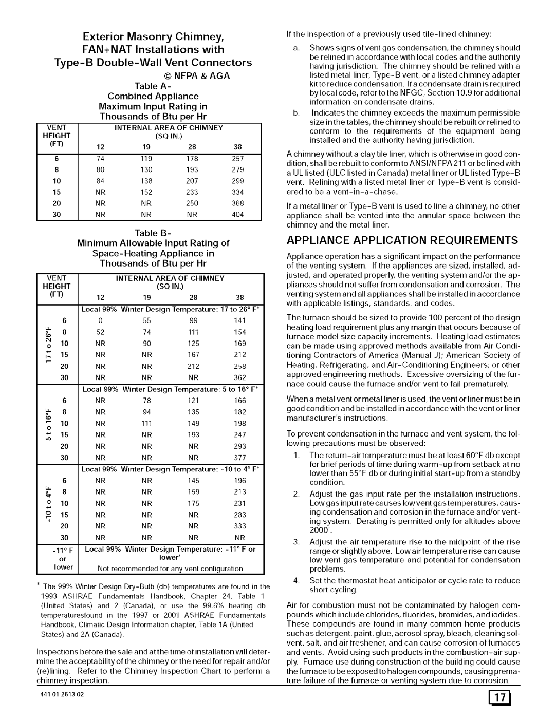 Sears 8MPL125J20B1 Exterior Masonry Chimney, FAN+NAT Installations with, Type-B Double-Wall Vent Connectors, Nfpa & AGA 