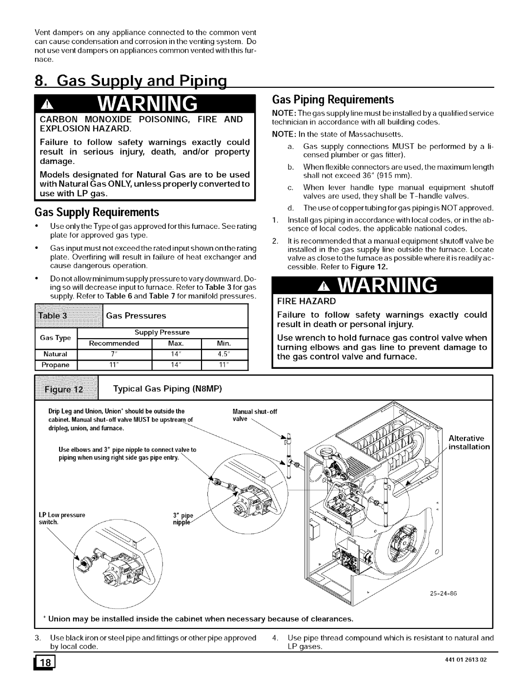 Sears 8MPN125J20B1 Gas Supply and Piping, Ventdampersonanyapplianceconnectedto the common vent, Gas Pressures 