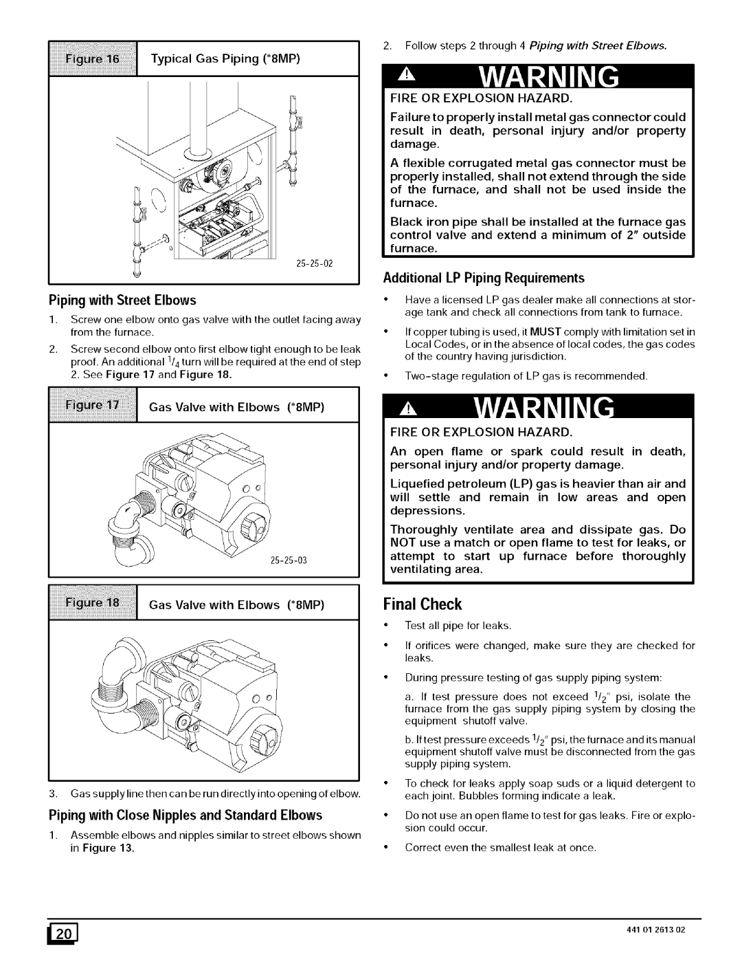 Sears 8MPL050B12B1, N8MPN075F16B1 Final Check, Typical Gas Piping aMP, Piping with Street Elbows, Fire or Explosion Hazard 