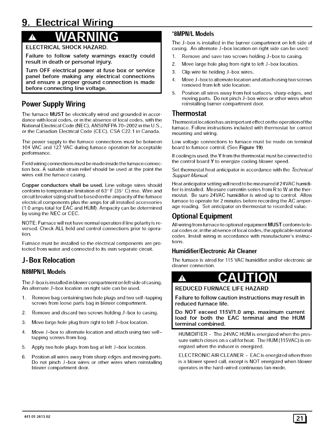 Sears 8MPL075F16B1, N8MPN075F16B1 Electrical Wiring, Power Supply Wiring, Box Relocation, Thermostat, Optional Equipment 