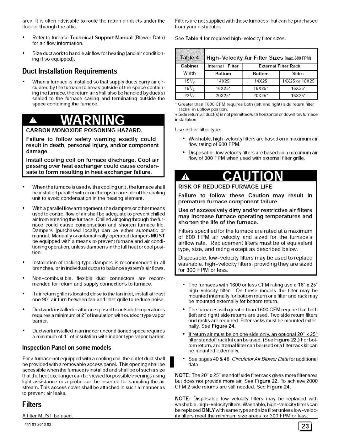 Sears 8MPN075F16B1 Duct Installation Requirements, Filters, High-Velocity Air Filter Sizes max600FPM, Filter Must be used 