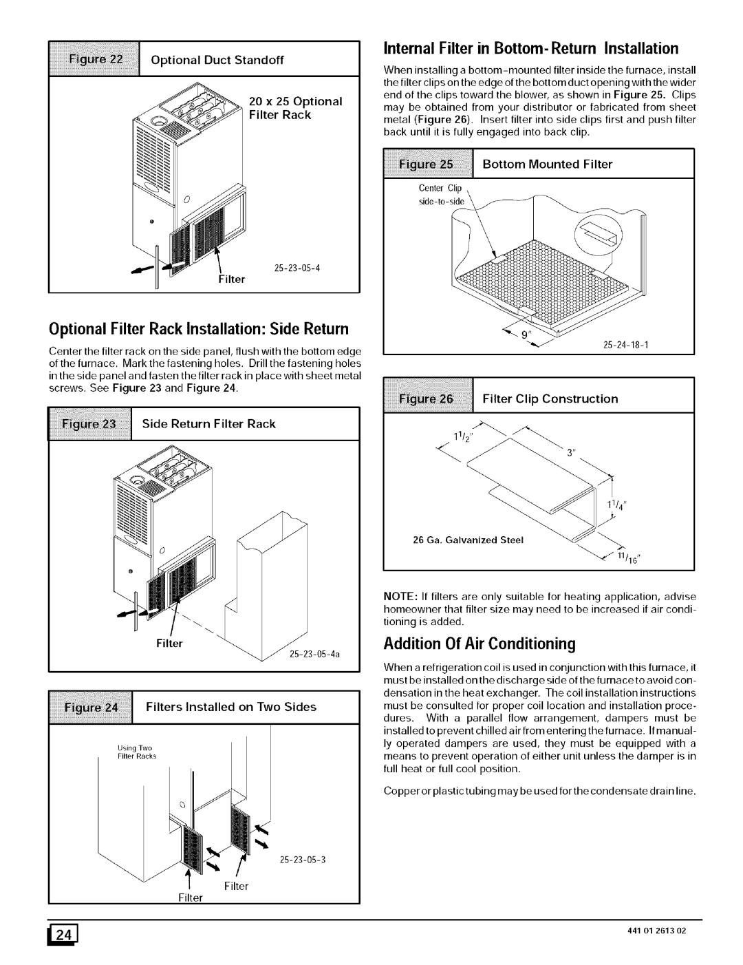 Sears 8MPN050B12B1, N8MPN075F16B1, 8MPN150J20B1 Addition Of Air Conditioning, Optional Filter Rack Installation Side Return 