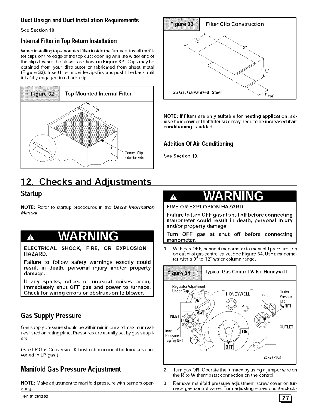 Sears 8MPN100J20B1, N8MPN075F16B1, N8MPL100F20B1 Checks and Adjustments, Startup, Manifold Gas Pressure Adjustment 