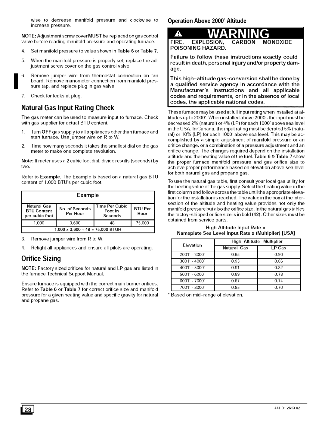 Sears N8MPL075B12B1 Orifice Sizing, Wiseto decreasemanifoldpressureand clockwiseto, Natural Gas Input Rating Check 