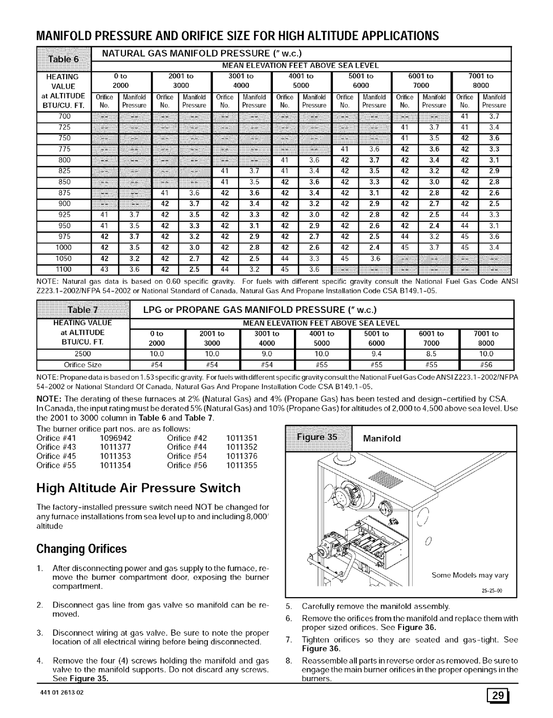 Sears N8MPN075F16B1, N8MPL100F20B1 I! i! i I! i! i! i! i, Changing Orifices, High Altitude Air Pressure Switch 