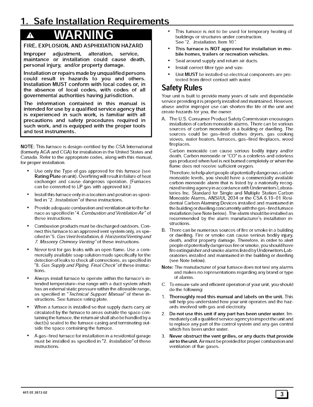 Sears N8MPN125J20B1, N8MPN075F16B1, N8MPL100F20B1 Safe Installation Requirements, FIRE, EXPLOSION, and Asphixiation Hazard 