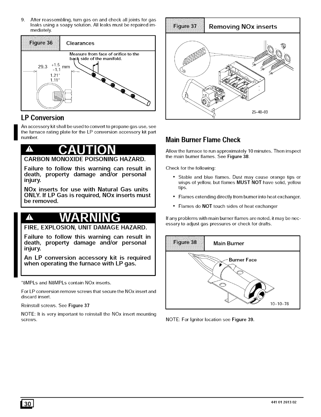 Sears N8MPL100F20B1 LP Conversion, Main Burner Flame Check, FIRE, EXPLOSION, Unit Damage Hazard, Removing NOx inserts 