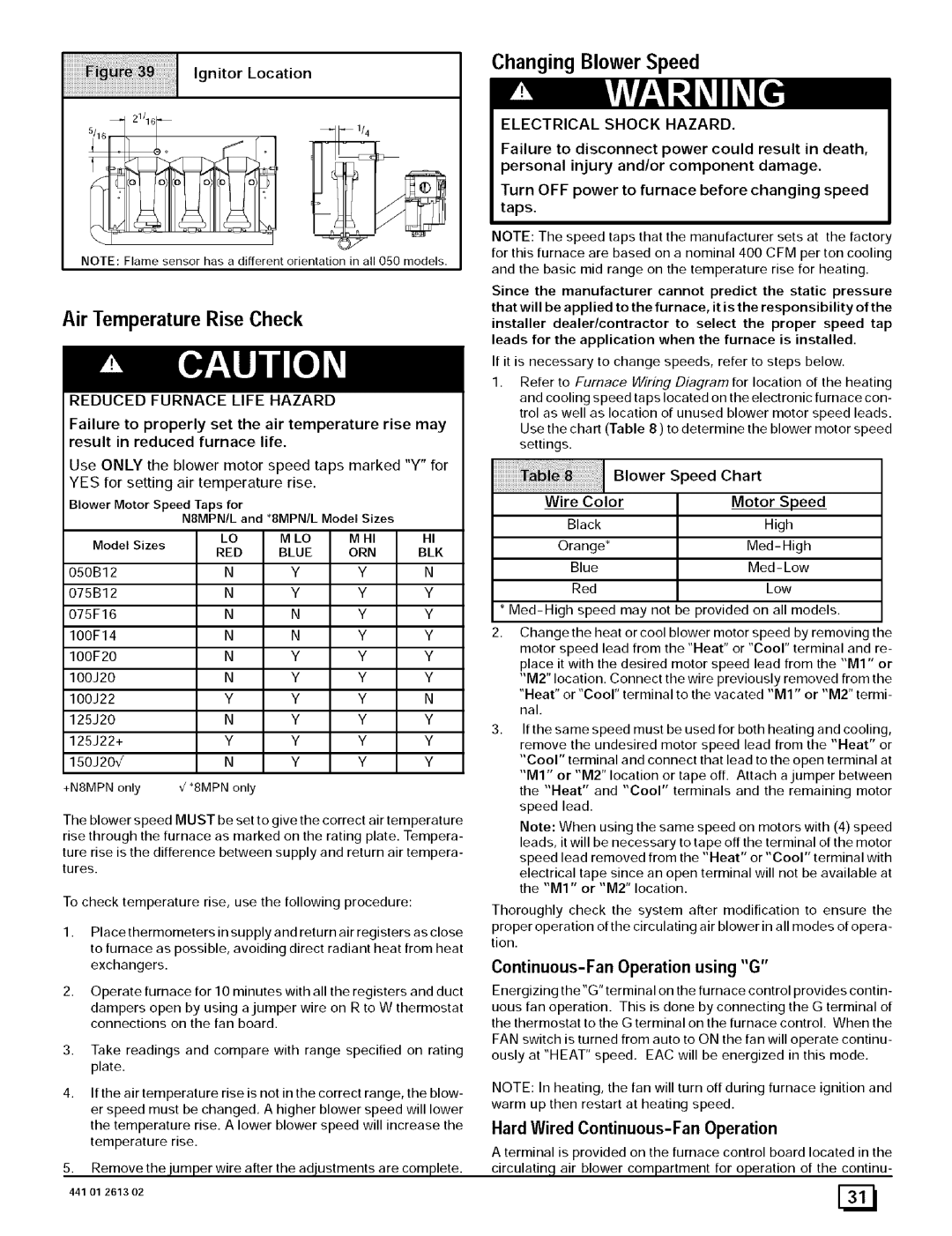 Sears N8MPN100F20B1 Changing Blower Speed, Ignitor Location, Reduced Furnace Life Hazard, Electrical Shock Hazard 