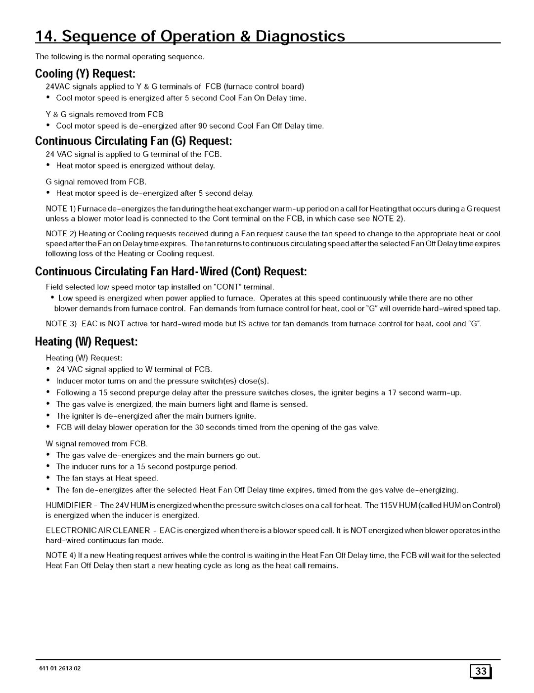 Sears N8MPN100J22B1 Sequence of Operation & Diagnostics, Continuous Circulating Fan G Request, Heating W Request 