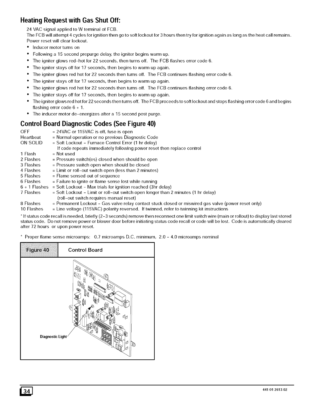 Sears N8MPL075F16B1, N8MPN075F16B1 Heating Request with Gas Shut Off, Control Board Diagnostic Codes See Figure, On Solid 