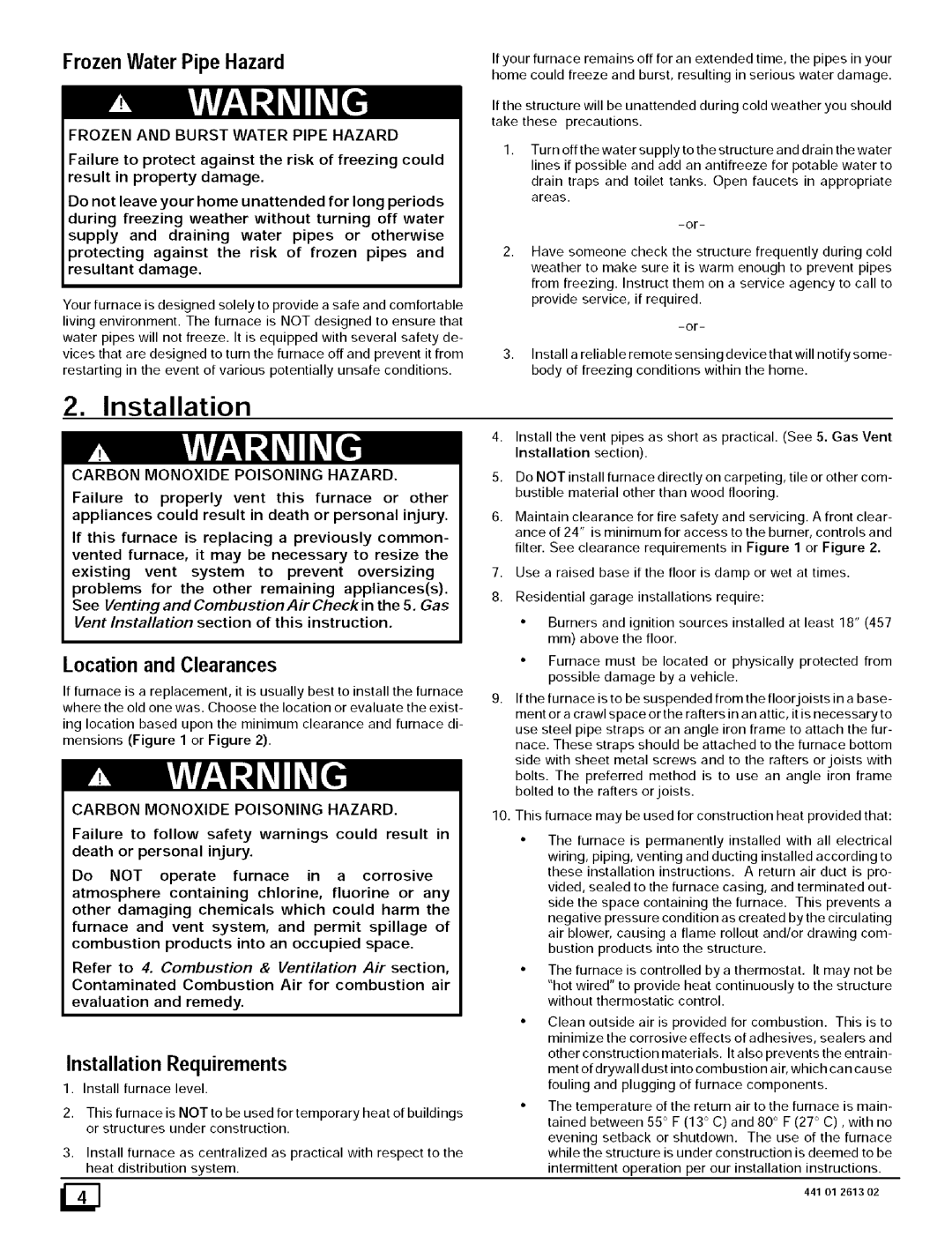 Sears N8MPN100J22B1 Frozen Water Pipe Hazard, Location and Clearances, Installation Requirements, Evaluation and remedy 